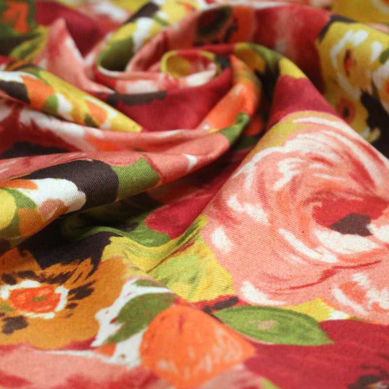 Tissu gabardine coton imprimée fleuri Vintage jaune, rouge, rose - OEKO - TEX STANDARD 100 - TissusPapi.com