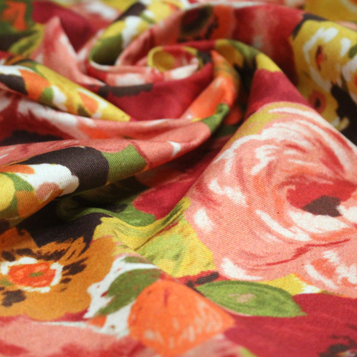 Tissu gabardine coton imprimée fleuri Vintage jaune, rouge, rose - OEKO-TEX STANDARD 100