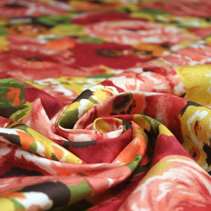 Tissu gabardine coton imprimée fleuri Vintage jaune, rouge, rose - OEKO-TEX STANDARD 100
