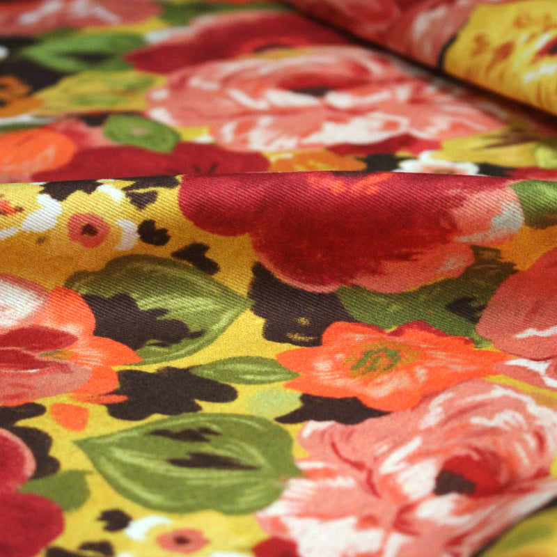 Tissu gabardine coton imprimée fleuri Vintage jaune, rouge, rose - OEKO - TEX STANDARD 100 - TissusPapi.com