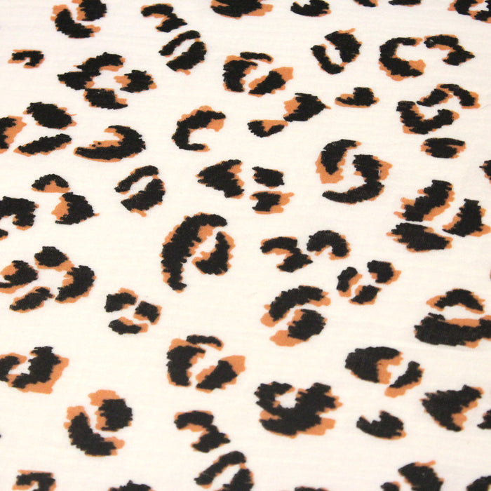 Tissu double gaze imprimée motif léopard fauve écru & marron - OEKO-TEX