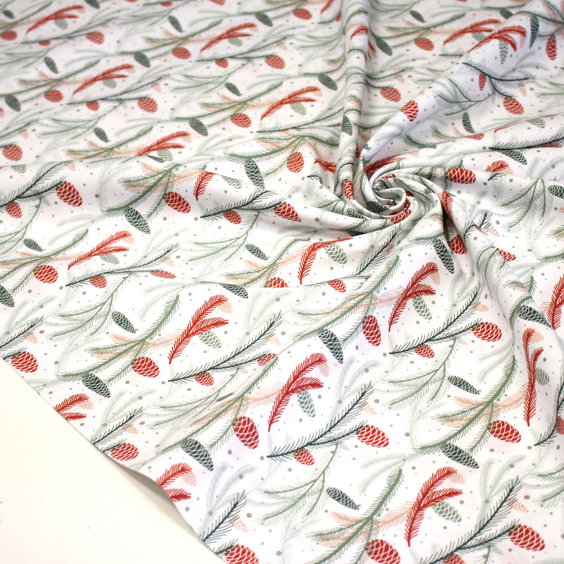 Tissu coton NOËL blanc aux branches sapins et pommes de pin rouges - OEKO - TEX - TissusPapi.com