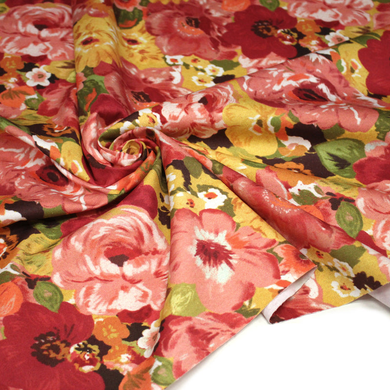 Tissu gabardine coton imprimée fleuri Vintage jaune, rouge, rose - OEKO - TEX STANDARD 100 - TissusPapi.com