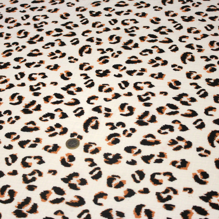 Tissu double gaze imprimée motif léopard fauve écru & marron - OEKO-TEX