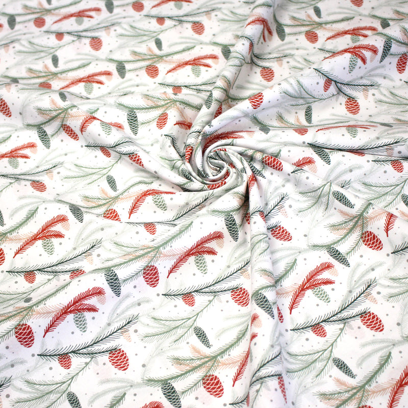 Tissu coton NOËL blanc aux branches sapins et pommes de pin rouges - OEKO - TEX - TissusPapi.com