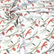 Tissu coton NOËL blanc aux branches sapins et pommes de pin rouges - OEKO - TEX - TissusPapi.com