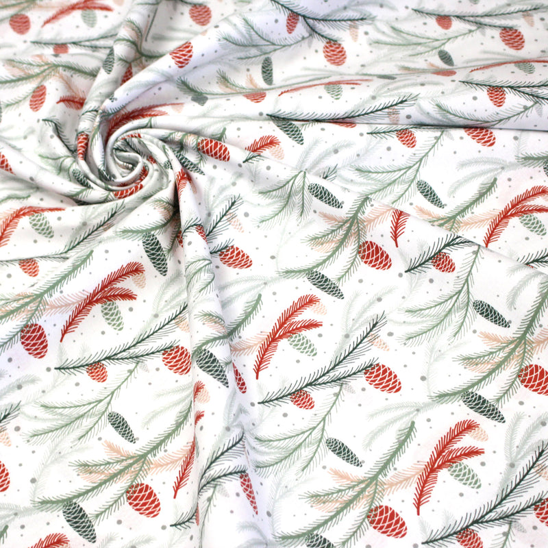 Tissu coton NOËL blanc aux branches sapins et pommes de pin rouges - OEKO - TEX - TissusPapi.com