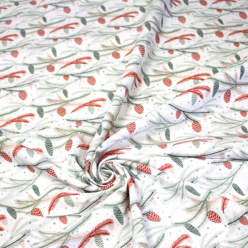 Tissu coton NOËL blanc aux branches sapins et pommes de pin rouges - OEKO - TEX - TissusPapi.com
