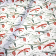 Tissu coton NOËL blanc aux branches sapins et pommes de pin rouges - OEKO - TEX - TissusPapi.com