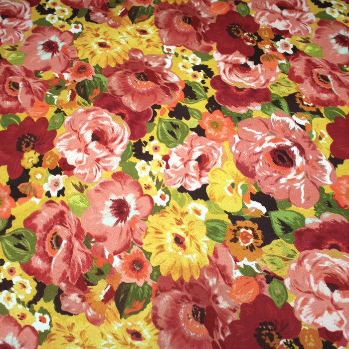 Tissu gabardine coton imprimée fleuri Vintage jaune, rouge, rose - OEKO-TEX STANDARD 100