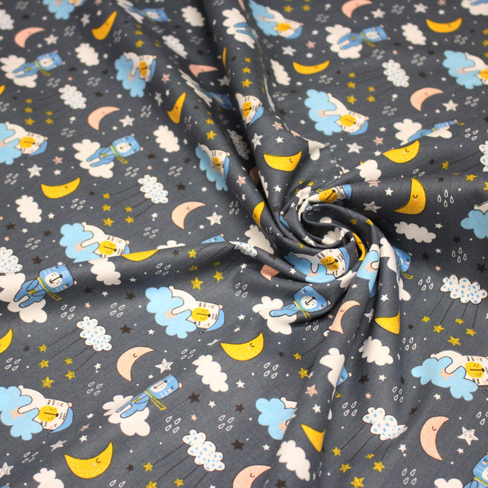 Tissu popeline coton Les ours font dodo, tons gris, bleus, roses - TissusPapi.com