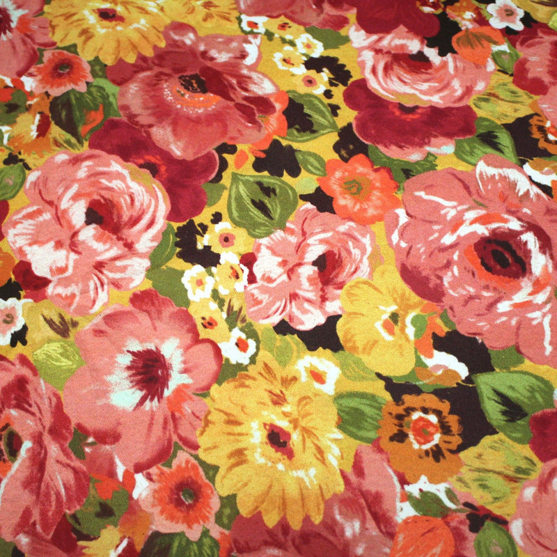 Tissu gabardine coton imprimée fleuri Vintage jaune, rouge, rose - OEKO - TEX STANDARD 100 - TissusPapi.com