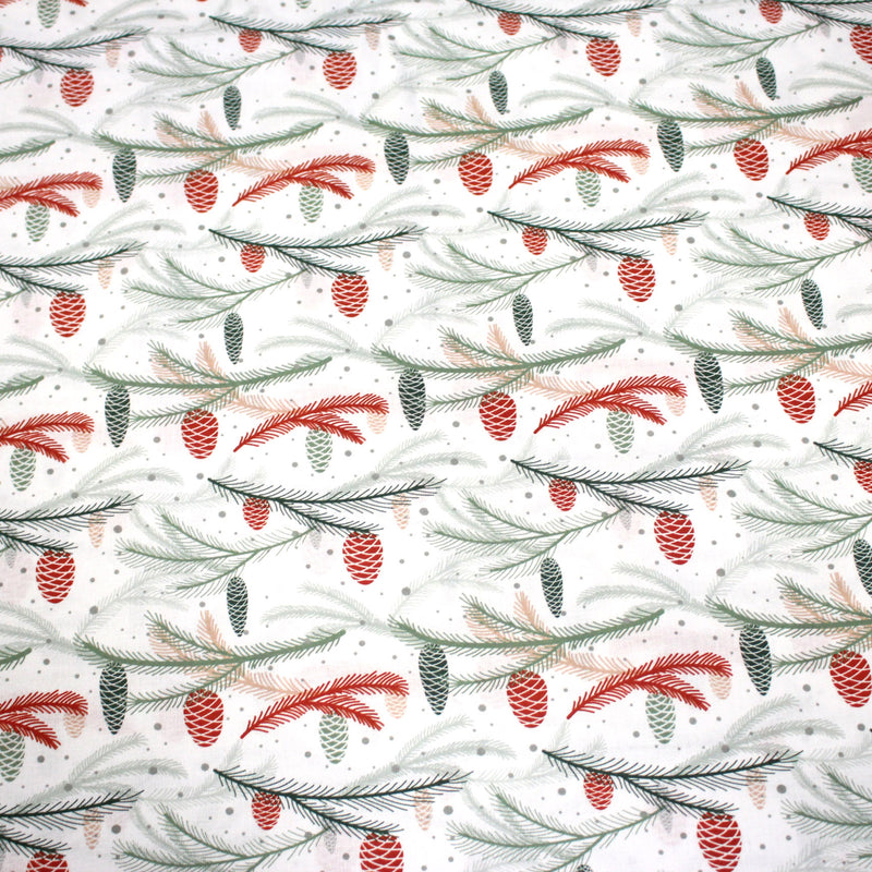 Tissu coton NOËL blanc aux branches sapins et pommes de pin rouges - OEKO - TEX - TissusPapi.com