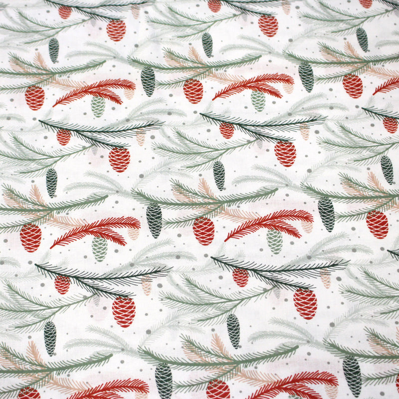 Tissu coton NOËL blanc aux branches sapins et pommes de pin rouges - OEKO - TEX - TissusPapi.com