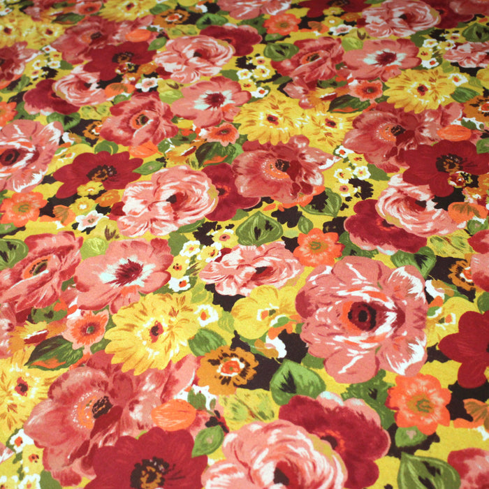 Tissu gabardine coton imprimée fleuri Vintage jaune, rouge, rose - OEKO-TEX STANDARD 100