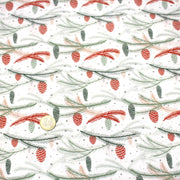 Tissu coton NOËL blanc aux branches sapins et pommes de pin rouges - OEKO - TEX - TissusPapi.com