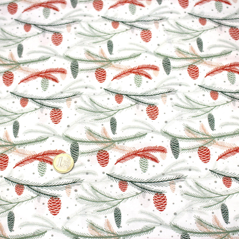 Tissu coton NOËL blanc aux branches sapins et pommes de pin rouges - OEKO - TEX - TissusPapi.com
