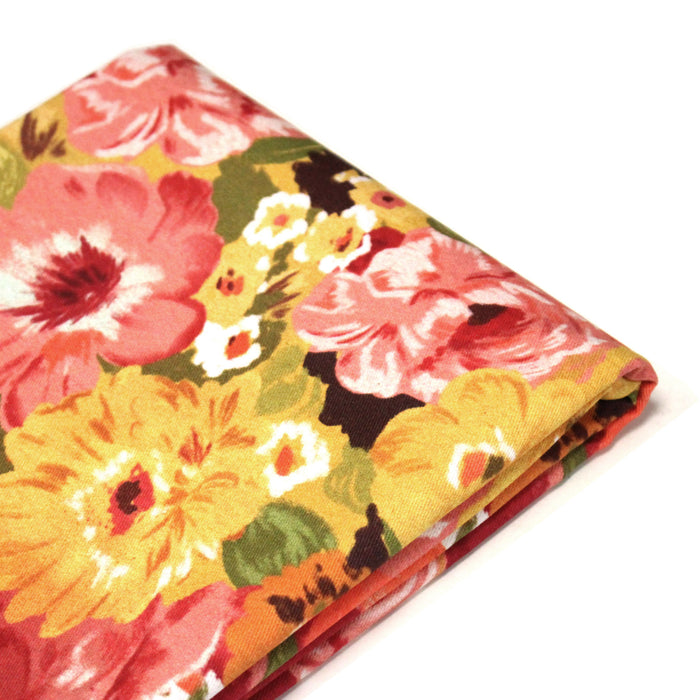 Tissu gabardine coton imprimée fleuri Vintage jaune, rouge, rose - OEKO-TEX STANDARD 100