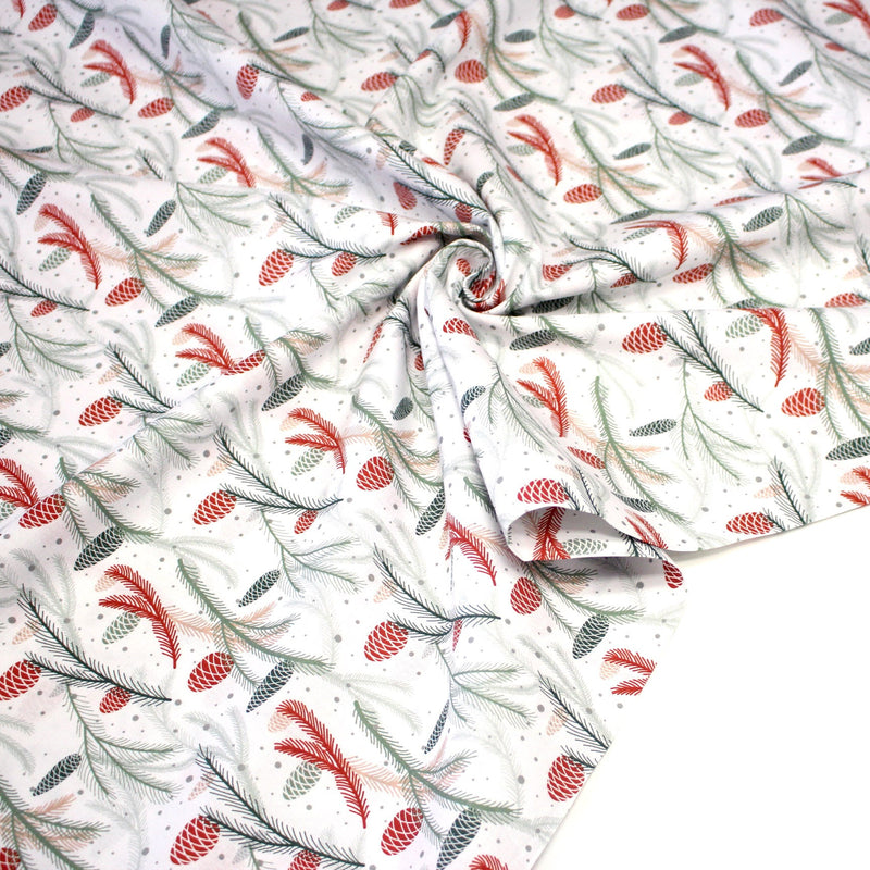 Tissu coton NOËL blanc aux branches sapins et pommes de pin rouges - OEKO - TEX - TissusPapi.com