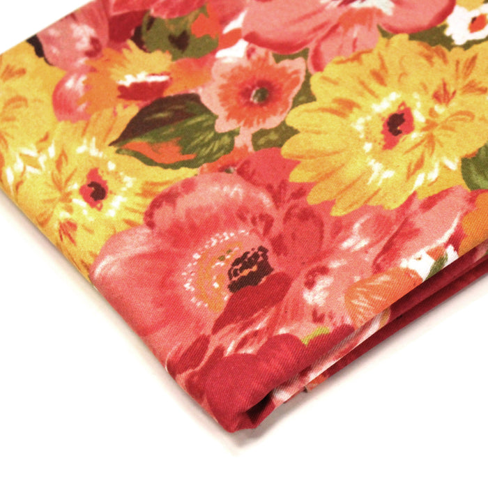 Tissu gabardine coton imprimée fleuri Vintage jaune, rouge, rose - OEKO-TEX STANDARD 100