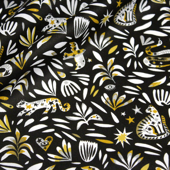 Tissu de coton noir aux feuilles et animaux blancs & multicolores - COLLECTION YUCATAN - OEKO-TEX®