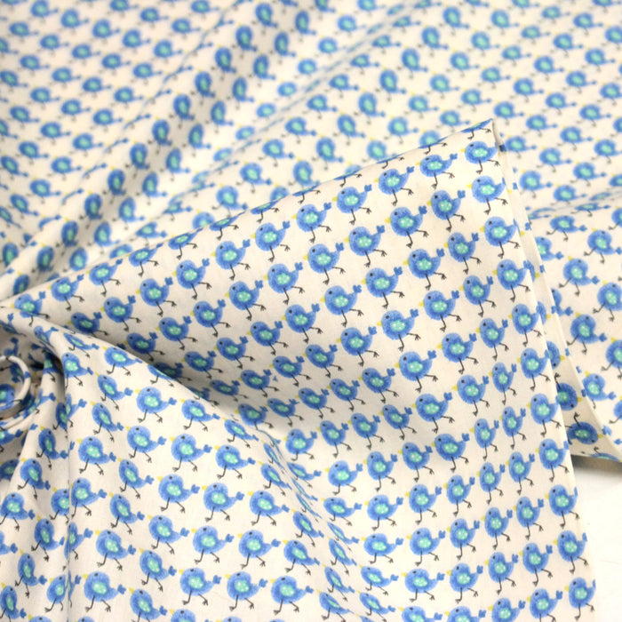 Tissu popeline coton Le petit oiseau bleu, fond écru - TissusPapi.com