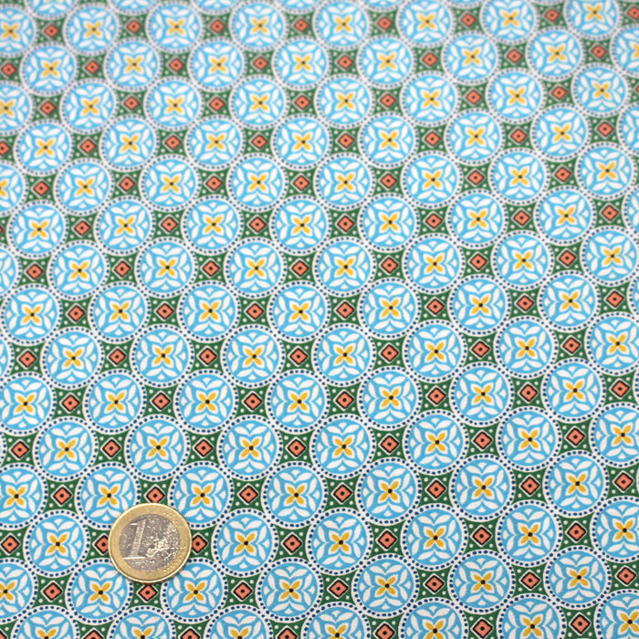 Tissu popeline de viscose aux motifs géométriques bleu turquoise moucharabieh - Fabrication française - OEKO-TEX