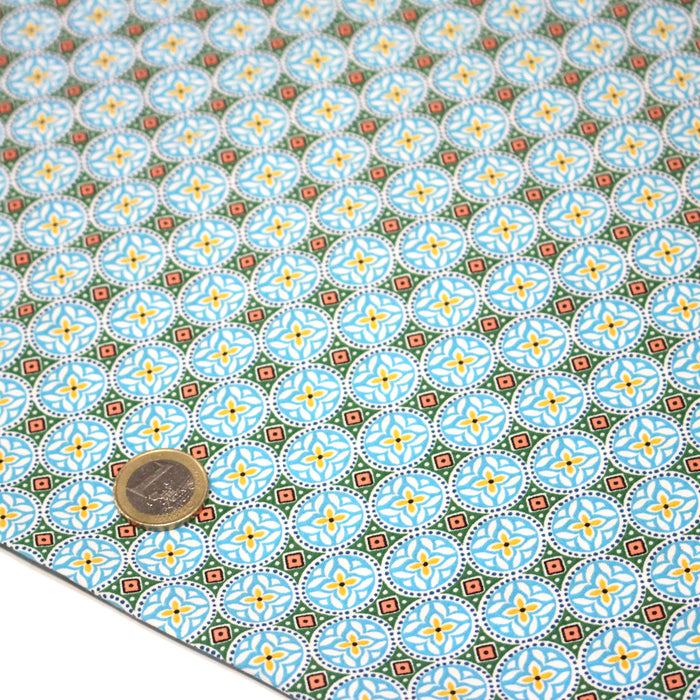 Tissu popeline de viscose aux motifs géométriques bleu turquoise moucharabieh - Fabrication française - OEKO-TEX