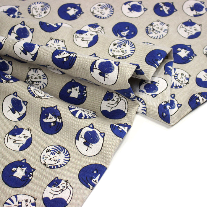 Tissu coton demi natté Les chats japonais, tons bleus & fond lin - OEKO-TEX STANDARD 100