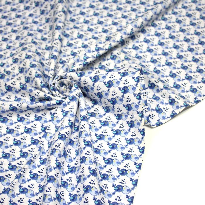 Tissu popeline coton Le duo d'oiseaux bleus, fond blanc - TissusPapi.com