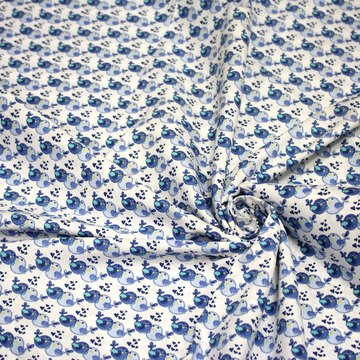 Tissu popeline coton Le duo d'oiseaux bleus, fond blanc - TissusPapi.com