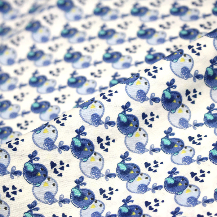 Tissu popeline coton Le duo d'oiseaux bleus, fond blanc - TissusPapi.com