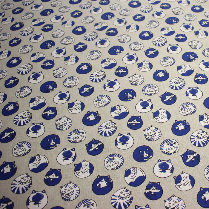 Tissu coton demi natté Les chats japonais, tons bleus & fond lin - OEKO-TEX STANDARD 100