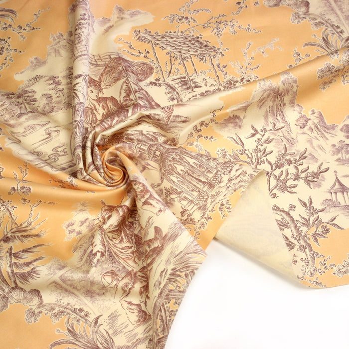 Tissu satin de coton ameublement, TOILE DE JOUY scène chinoise de Jean Pillement, INALTERA, fabriqué en Suisse - TissusPapi.com