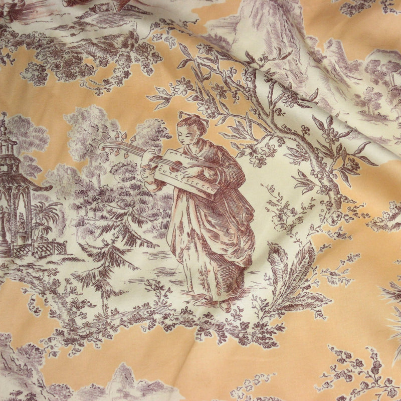 Tissu satin de coton ameublement, TOILE DE JOUY scène chinoise de Jean Pillement, INALTERA, fabriqué en Suisse - TissusPapi.com