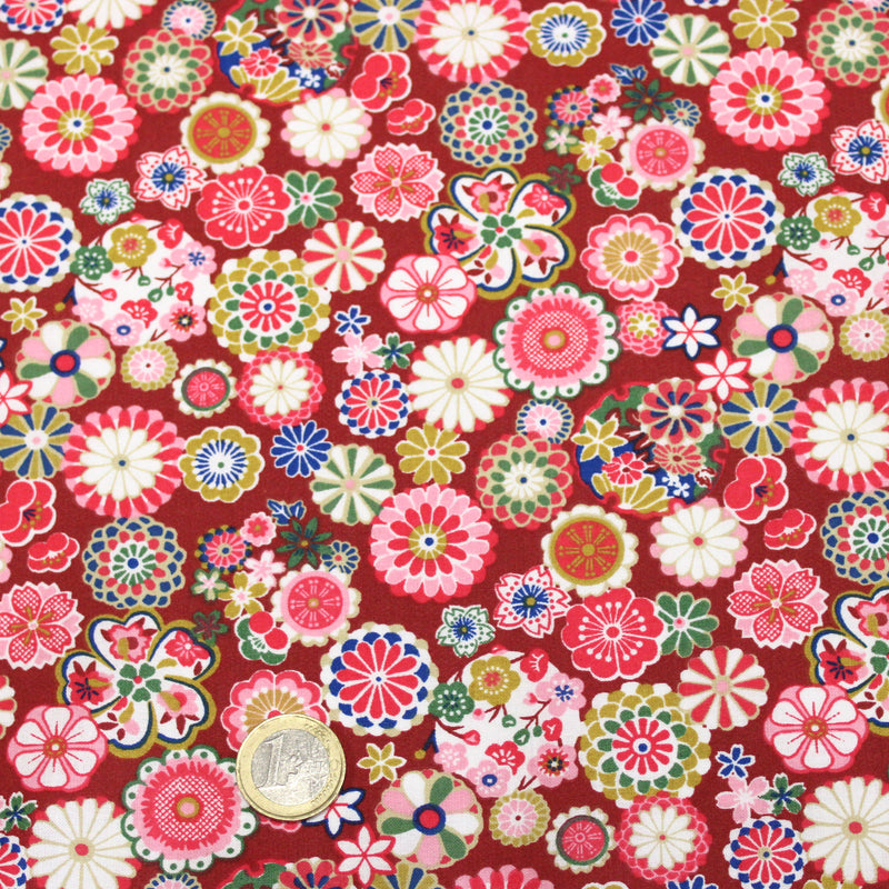 Tissu cotonnade fleuri japonais rouge carmin aux fleurs multicolores - OEKO-TEX STANDARD 100