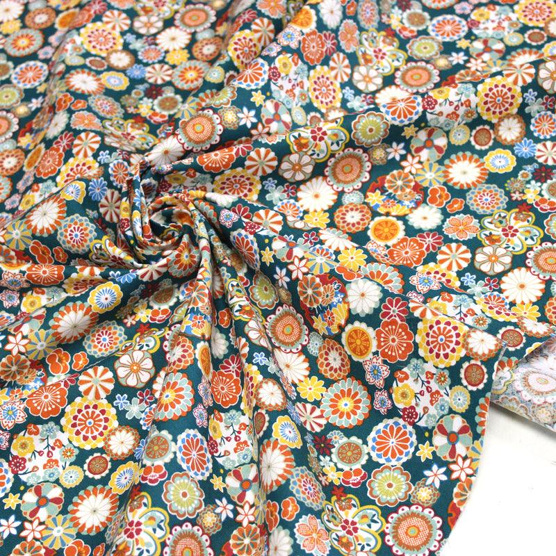Tissu cotonnade fleuri japonais bleu canard aux fleurs multicolores - OEKO-TEX STANDARD 100