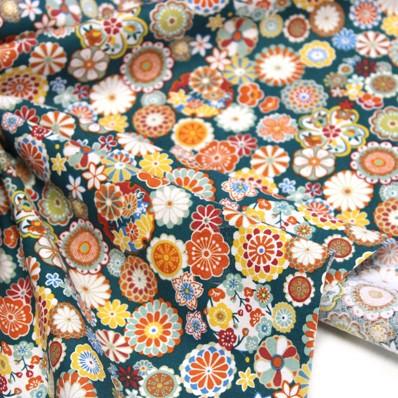 Tissu cotonnade fleuri japonais bleu canard aux fleurs multicolores - OEKO-TEX STANDARD 100