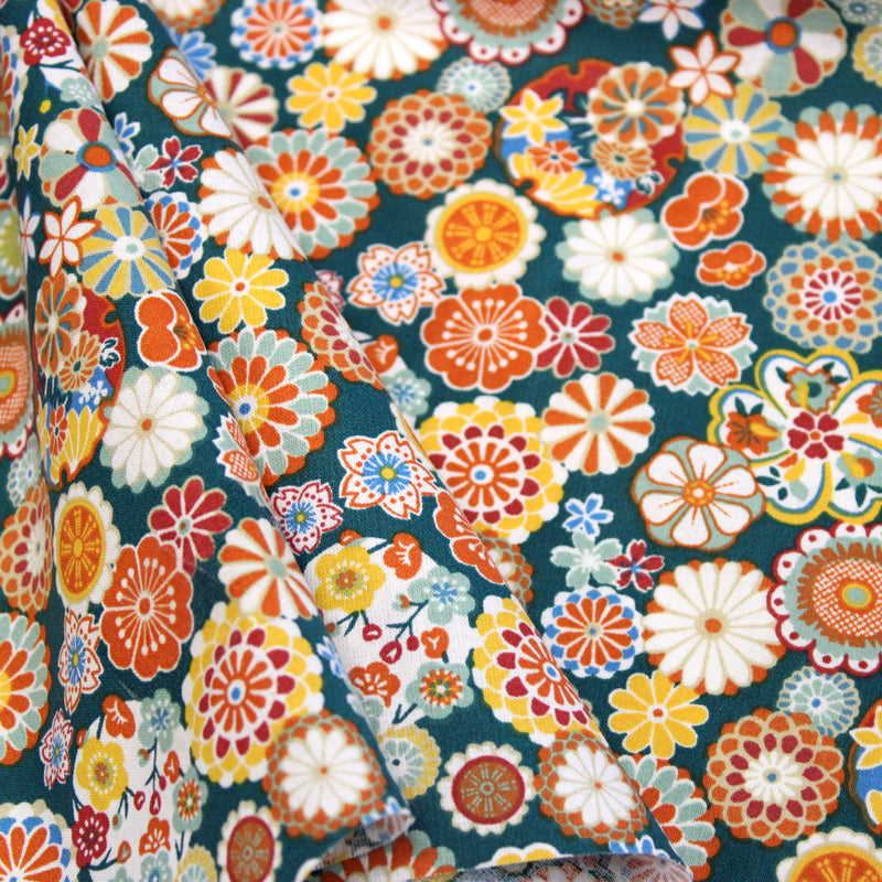 Tissu cotonnade fleuri japonais bleu canard aux fleurs multicolores - OEKO-TEX STANDARD 100