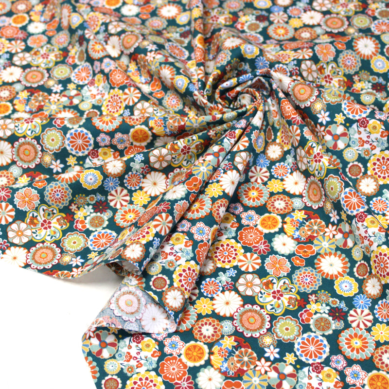 Tissu cotonnade fleuri japonais bleu canard aux fleurs multicolores - OEKO-TEX STANDARD 100