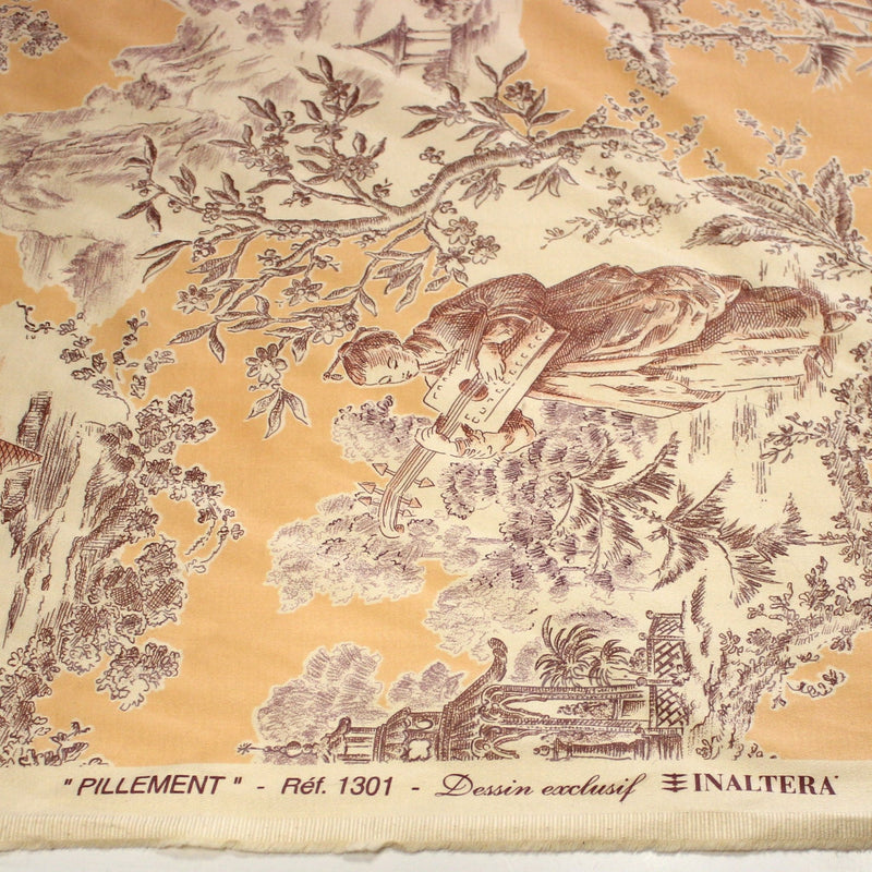 Tissu satin de coton ameublement, TOILE DE JOUY scène chinoise de Jean Pillement, INALTERA, fabriqué en Suisse - TissusPapi.com