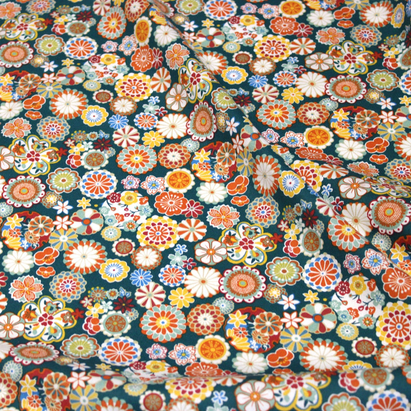 Tissu cotonnade fleuri japonais bleu canard aux fleurs multicolores - OEKO-TEX STANDARD 100