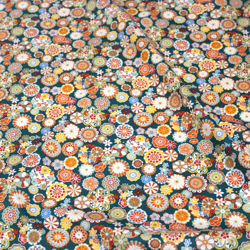Tissu cotonnade fleuri japonais bleu canard aux fleurs multicolores - OEKO-TEX STANDARD 100