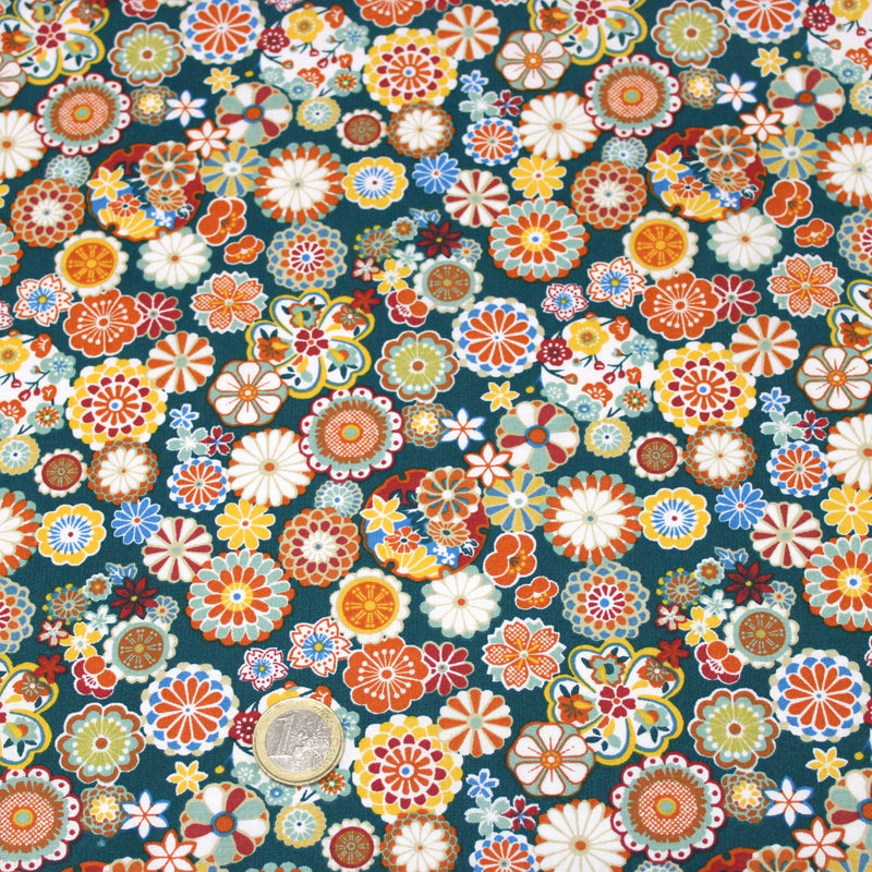Tissu cotonnade fleuri japonais bleu canard aux fleurs multicolores - OEKO-TEX STANDARD 100
