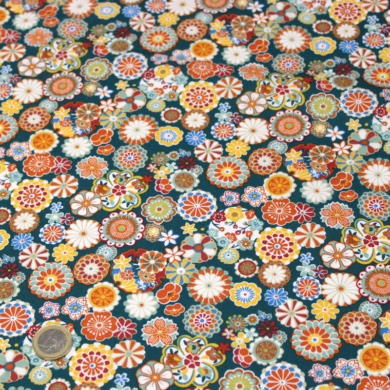 Tissu cotonnade fleuri japonais bleu canard aux fleurs multicolores - OEKO-TEX STANDARD 100