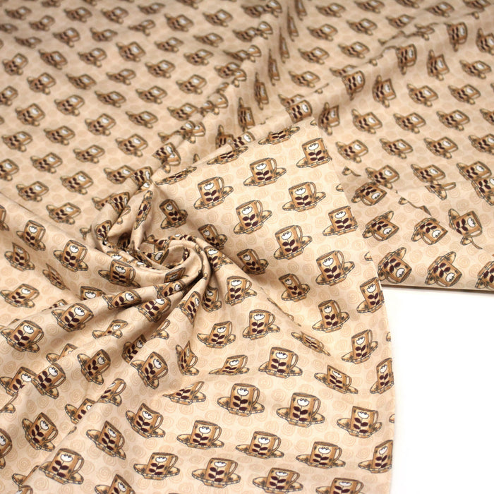 Tissu popeline coton crème aux tasses de café - TissusPapi.com