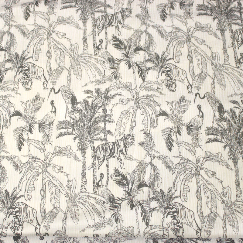 Tissu double gaze TOILE DE JOUY TROPICALE, écru et grège - STANDARD 100 OEKO-TEX
