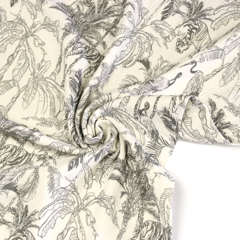 Tissu double gaze TOILE DE JOUY TROPICALE, écru et grège - STANDARD 100 OEKO-TEX