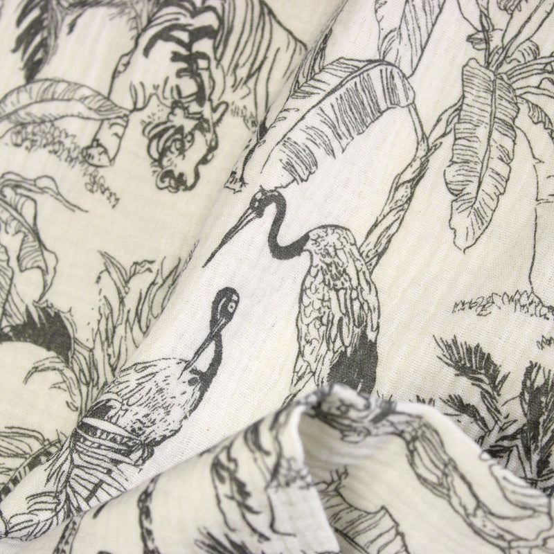 Tissu double gaze TOILE DE JOUY TROPICALE, écru et grège - STANDARD 100 OEKO-TEX