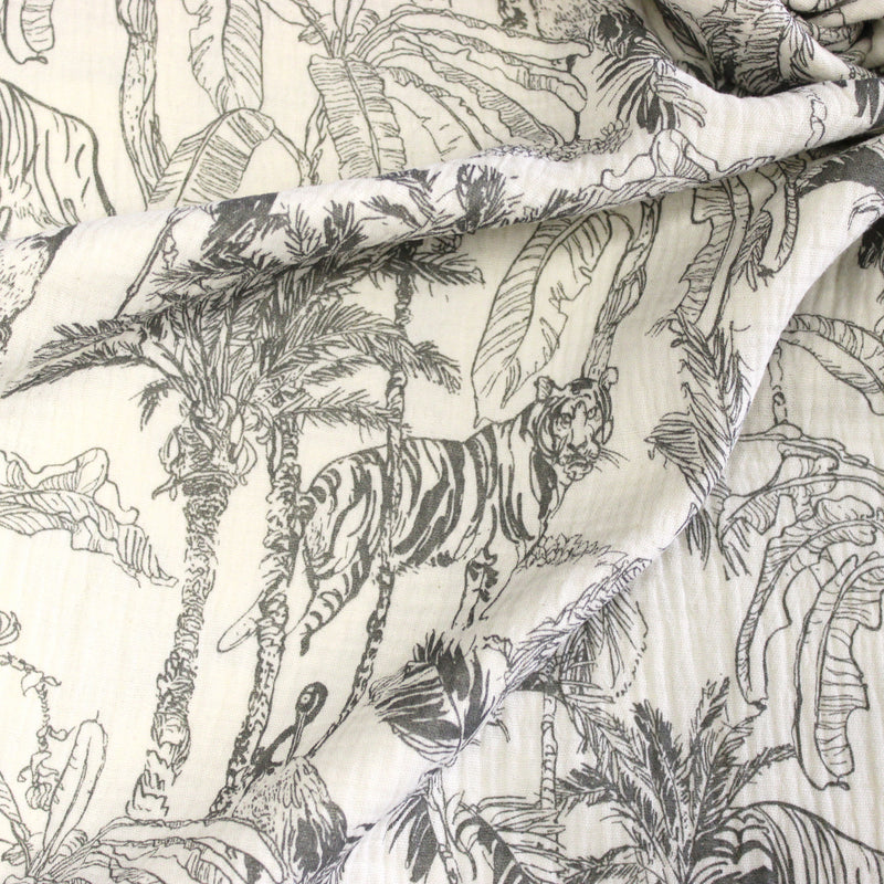 Tissu double gaze TOILE DE JOUY TROPICALE, écru et grège - STANDARD 100 OEKO-TEX